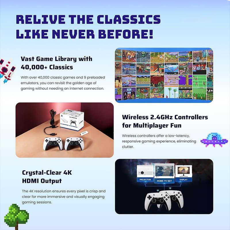 20000+ Games Wireless Retro Game Stick, Vintage Game Stick HD Output System, 2.4G Wireless Controllers, 64G TF Card for All Ages - Console